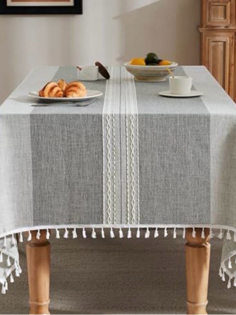 Gray and White Striped Tassel Tablecloth - Elegant Dining Accent